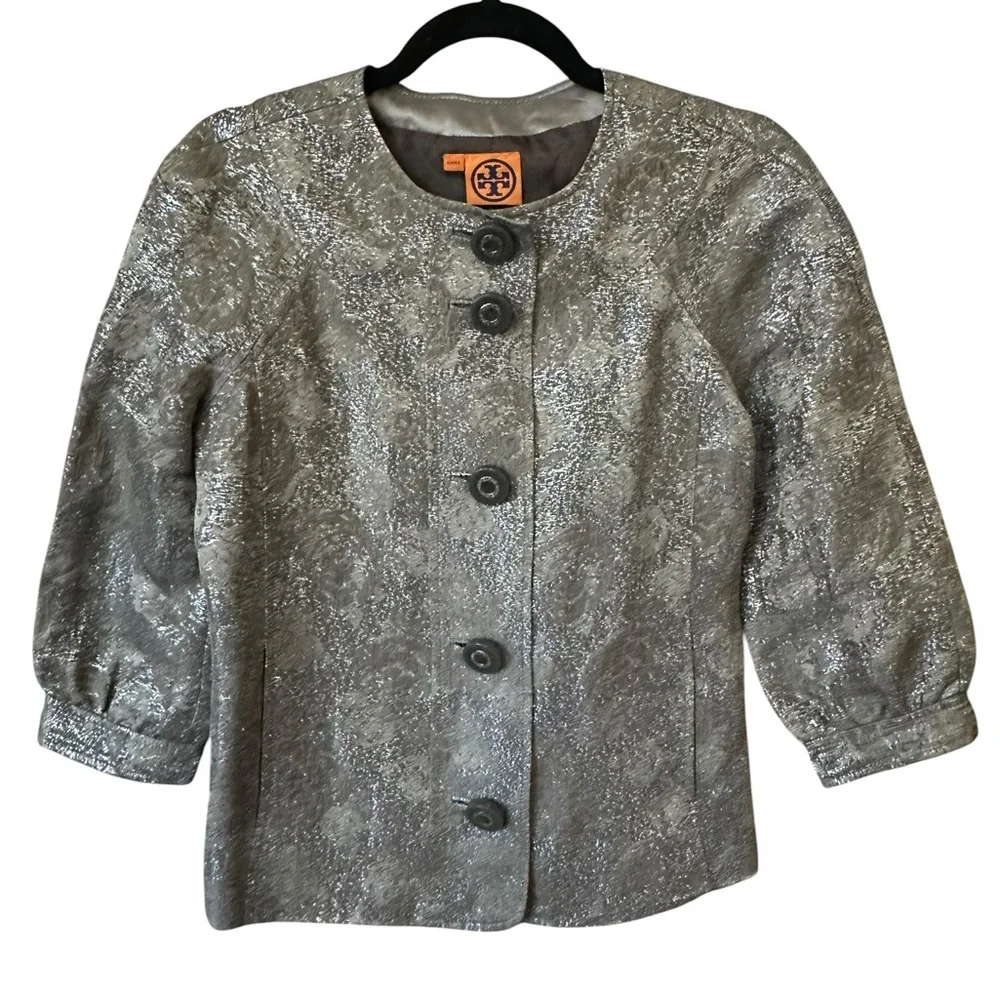 Tory Burch Silver Brocade Button-Front Jacket size 4